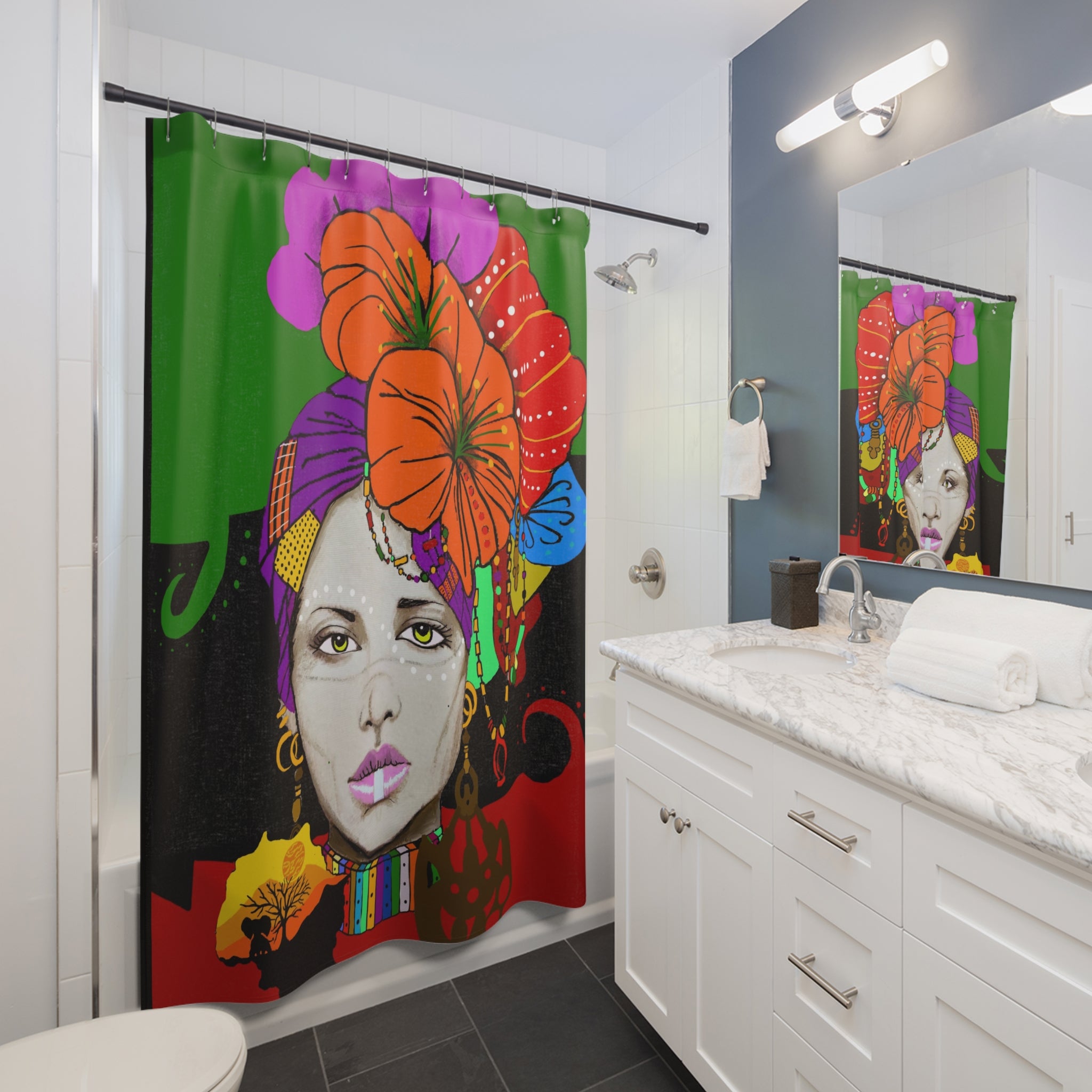 Bohemian Afrocentric Floral Portrait Shower Curtain