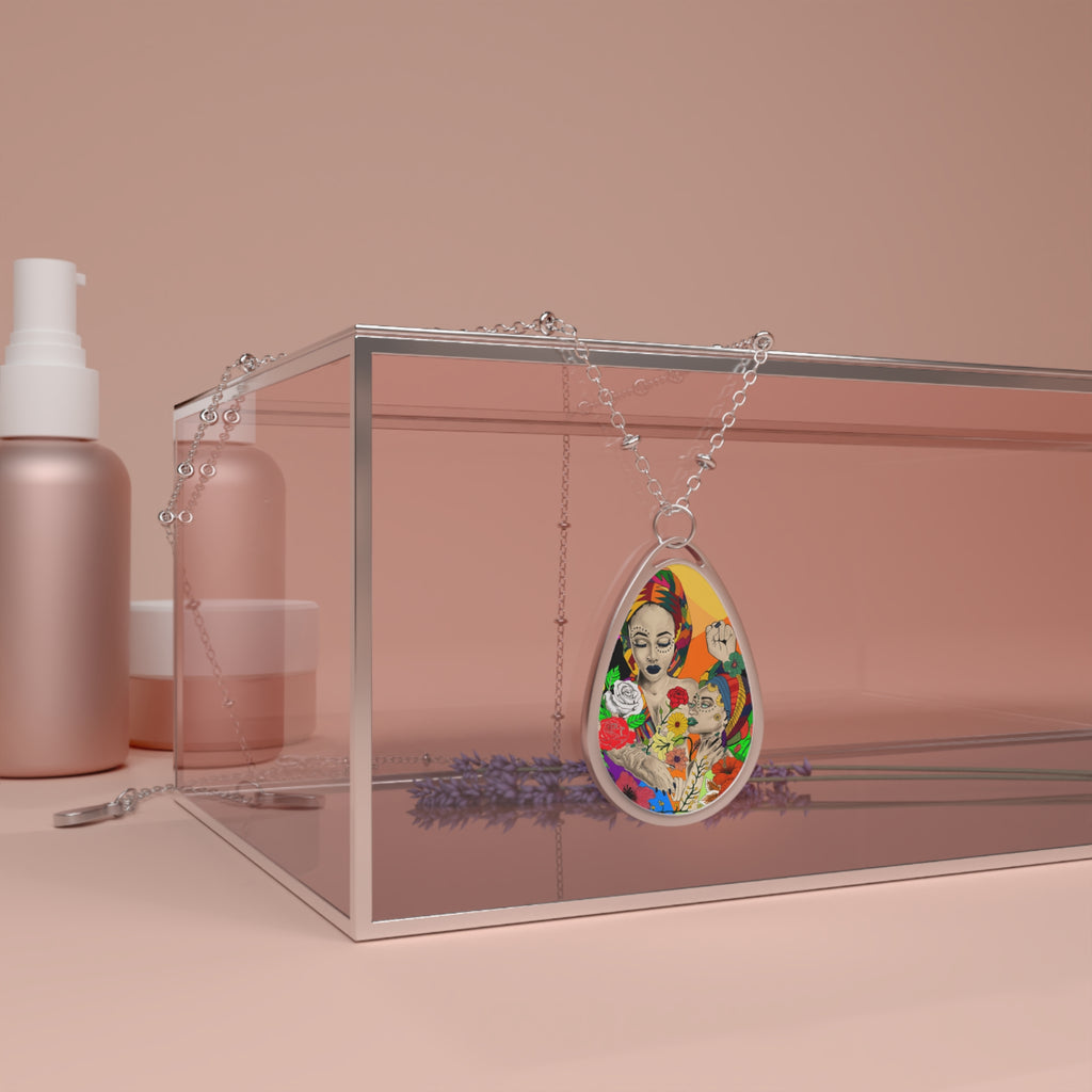 Floral Muse Oval Necklace — Colorful Portrait Teardrop Pendant