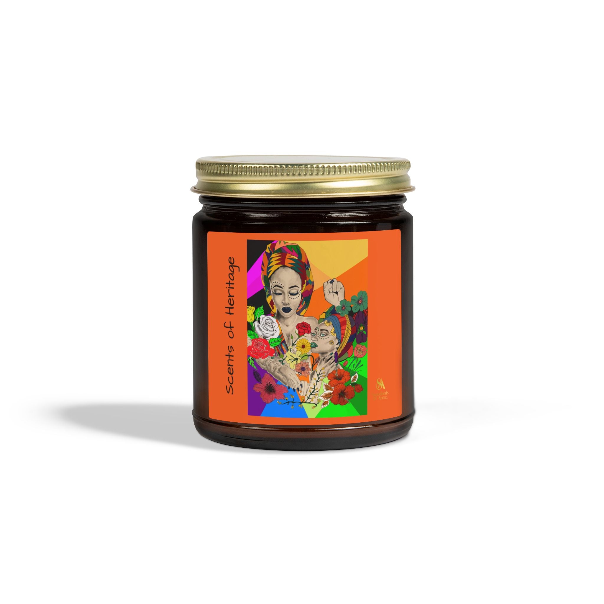 SS-AfroArt Coconut Apricot Soy Candle — 4oz/9oz Amber Jar with Vibrant Frida Art Label