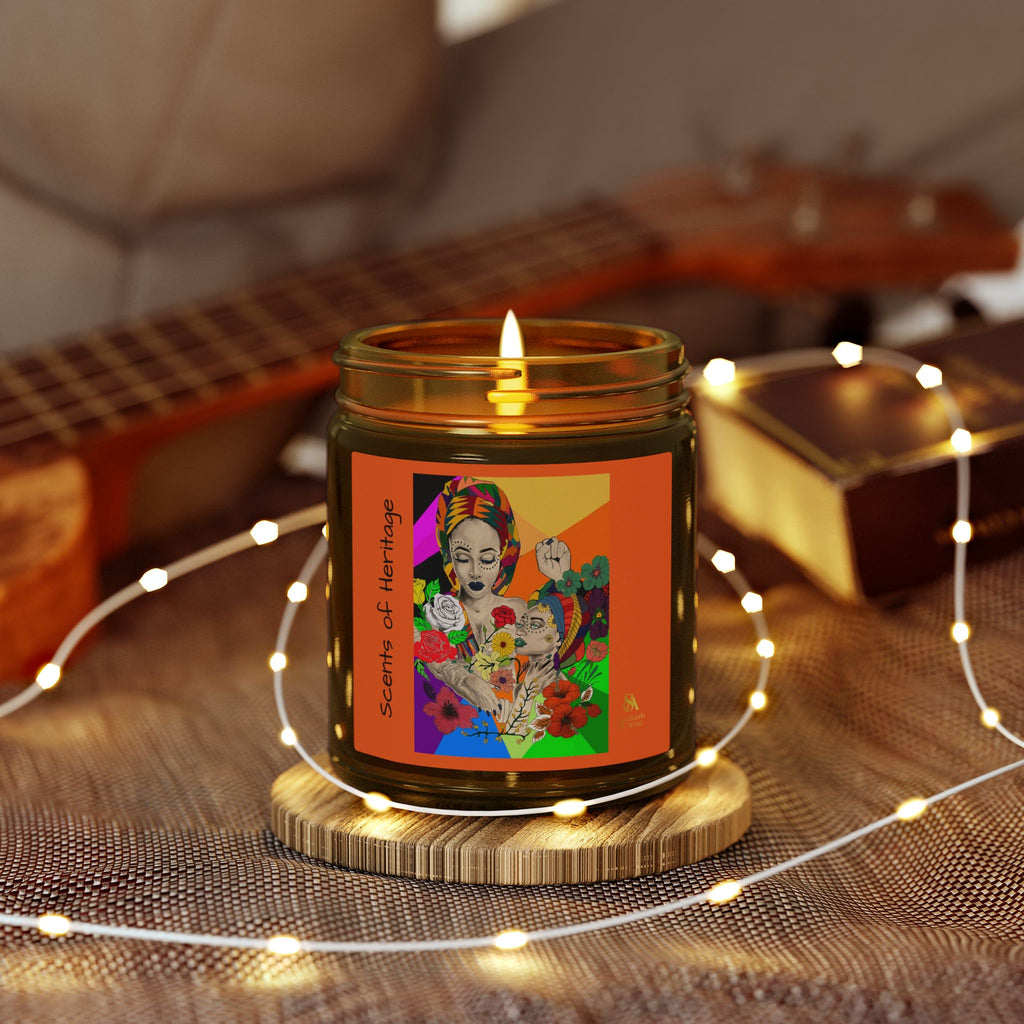 SS-AfroArt Coconut Apricot Soy Candle — 4oz/9oz Amber Jar with Vibrant Frida Art Label