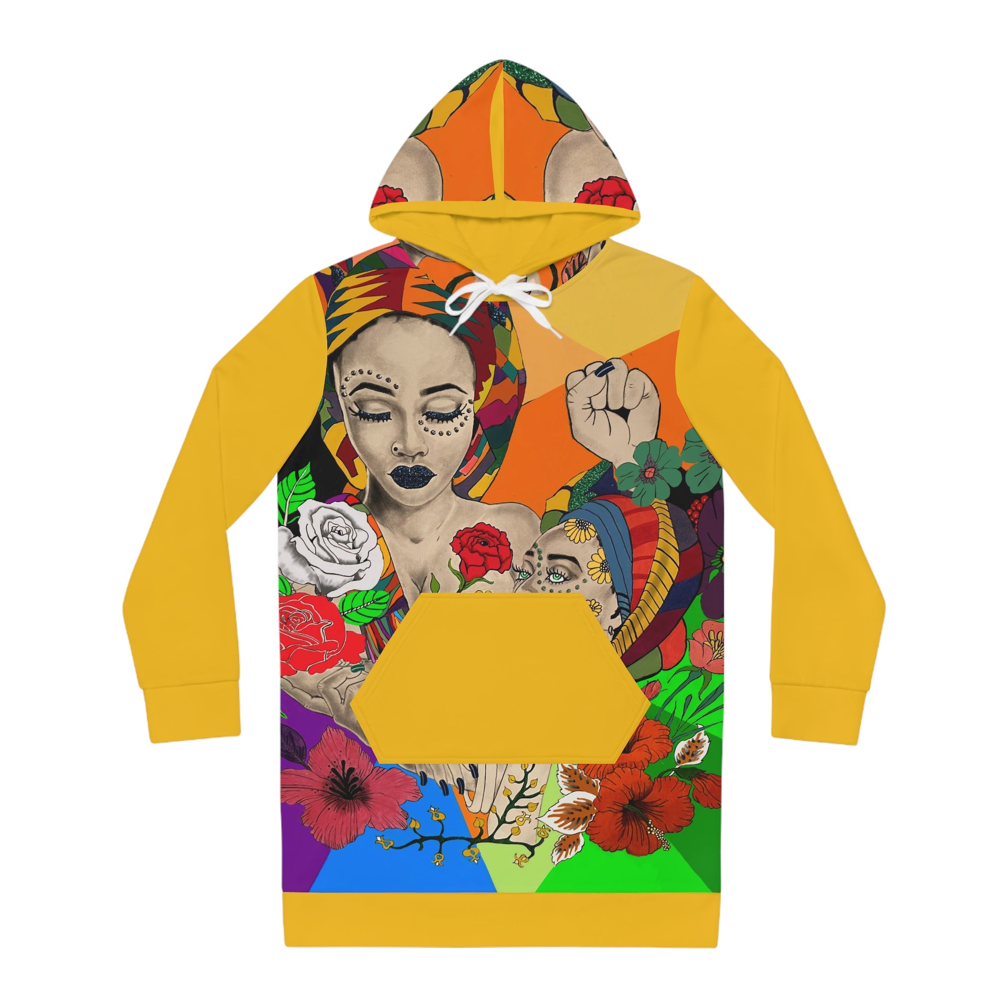 Afrocentric Headwrap Portrait Hoodie Dress | Vibrant Floral, Colorful Pop Art