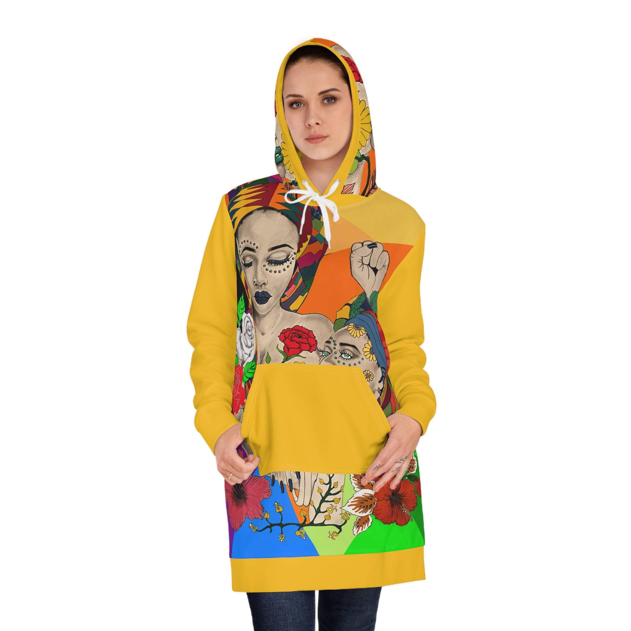 Afrocentric Headwrap Portrait Hoodie Dress | Vibrant Floral, Colorful Pop Art