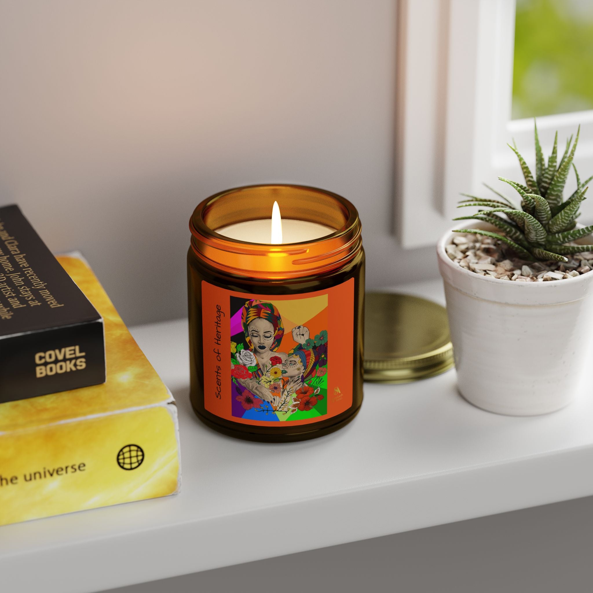 SS-AfroArt Coconut Apricot Soy Candle — 4oz/9oz Amber Jar with Vibrant Frida Art Label