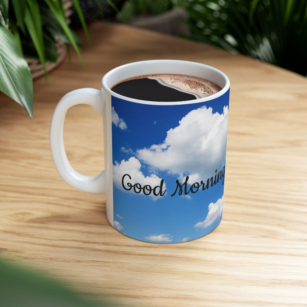 Ceramic Mug — "Good Morning, Suga!!" Sky & Floral Coffee Cup