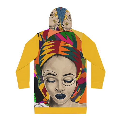 Afrocentric Headwrap Portrait Hoodie Dress | Vibrant Floral, Colorful Pop Art