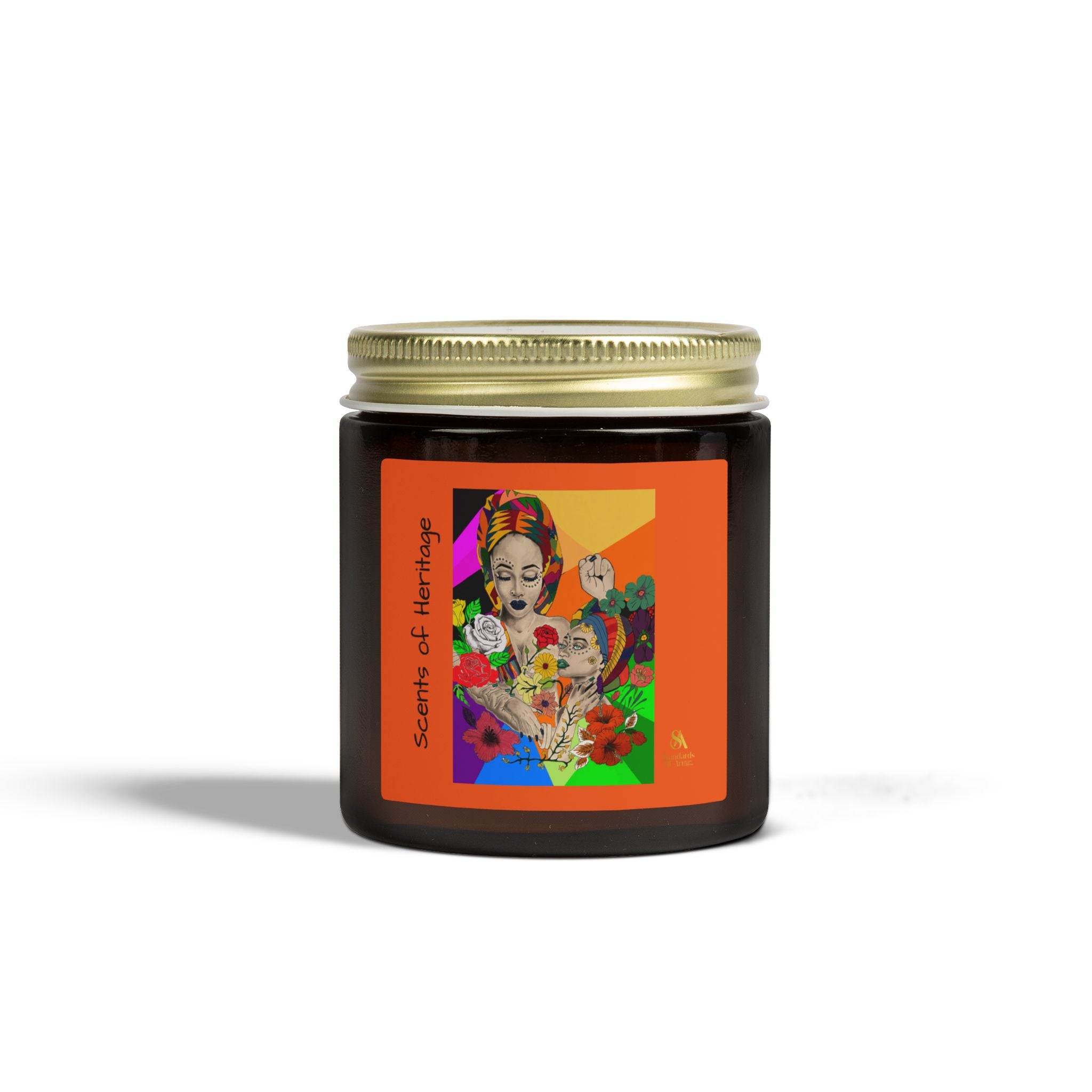 SS-AfroArt Coconut Apricot Soy Candle — 4oz/9oz Amber Jar with Vibrant Frida Art Label