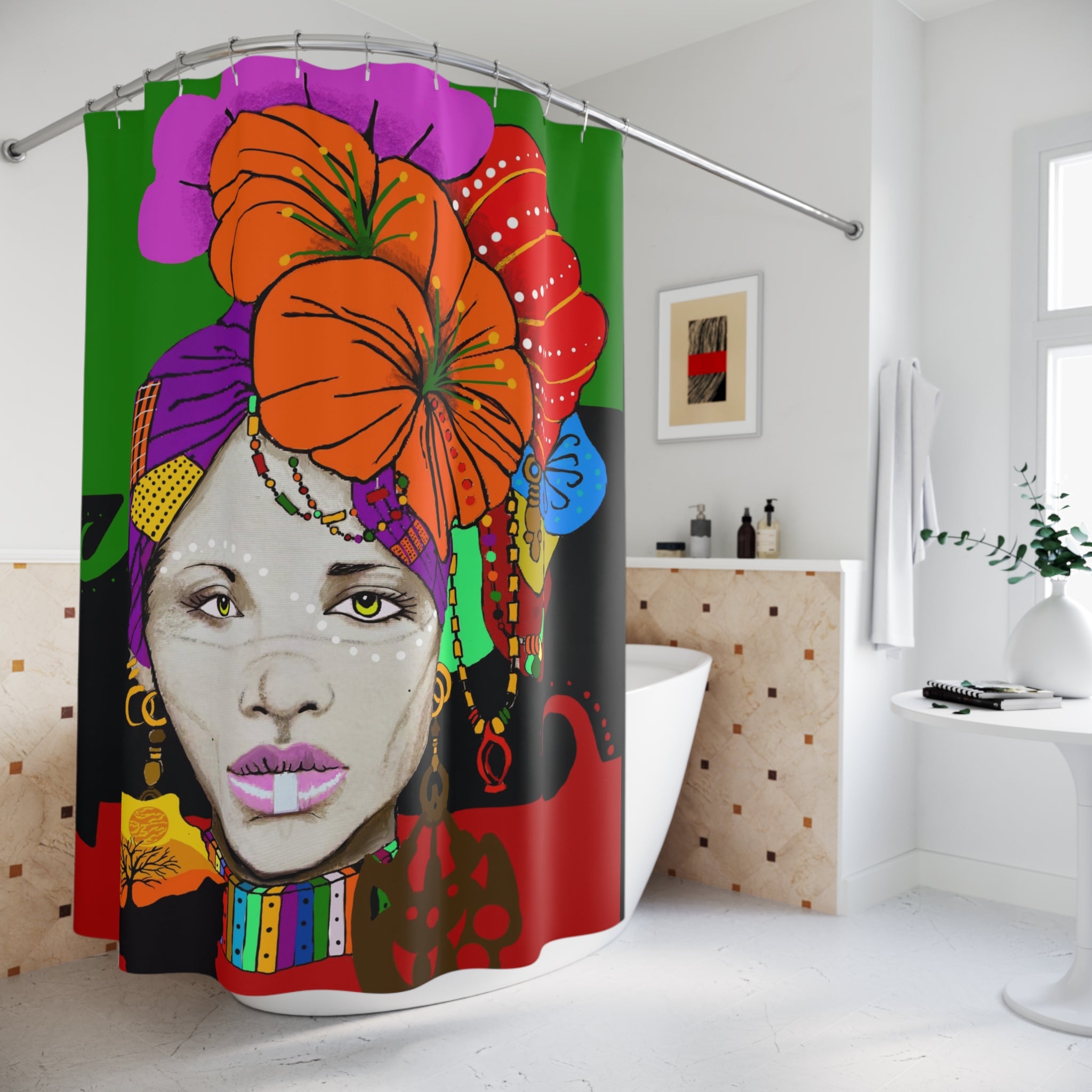Bohemian Afrocentric Floral Portrait Shower Curtain