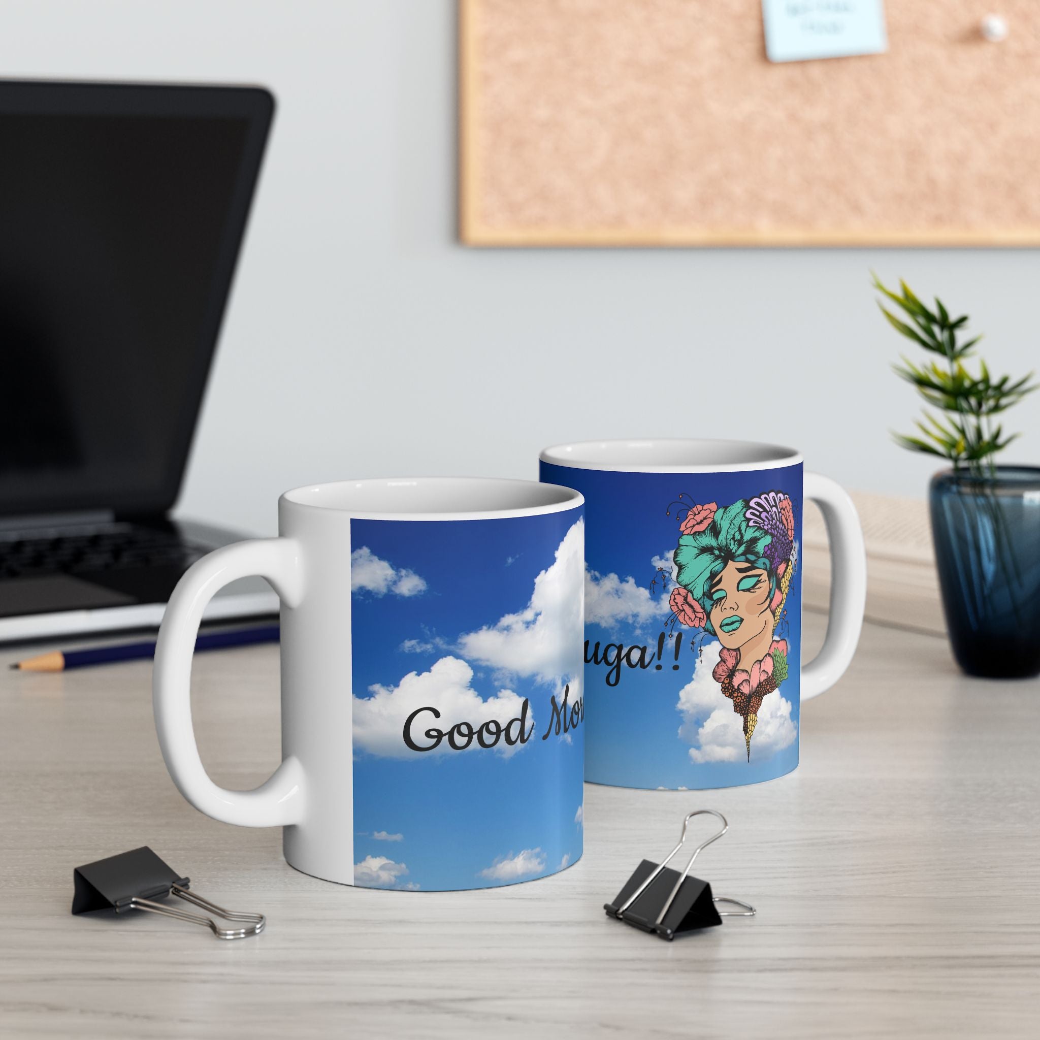 Ceramic Mug — "Good Morning, Suga!!" Sky & Floral Coffee Cup