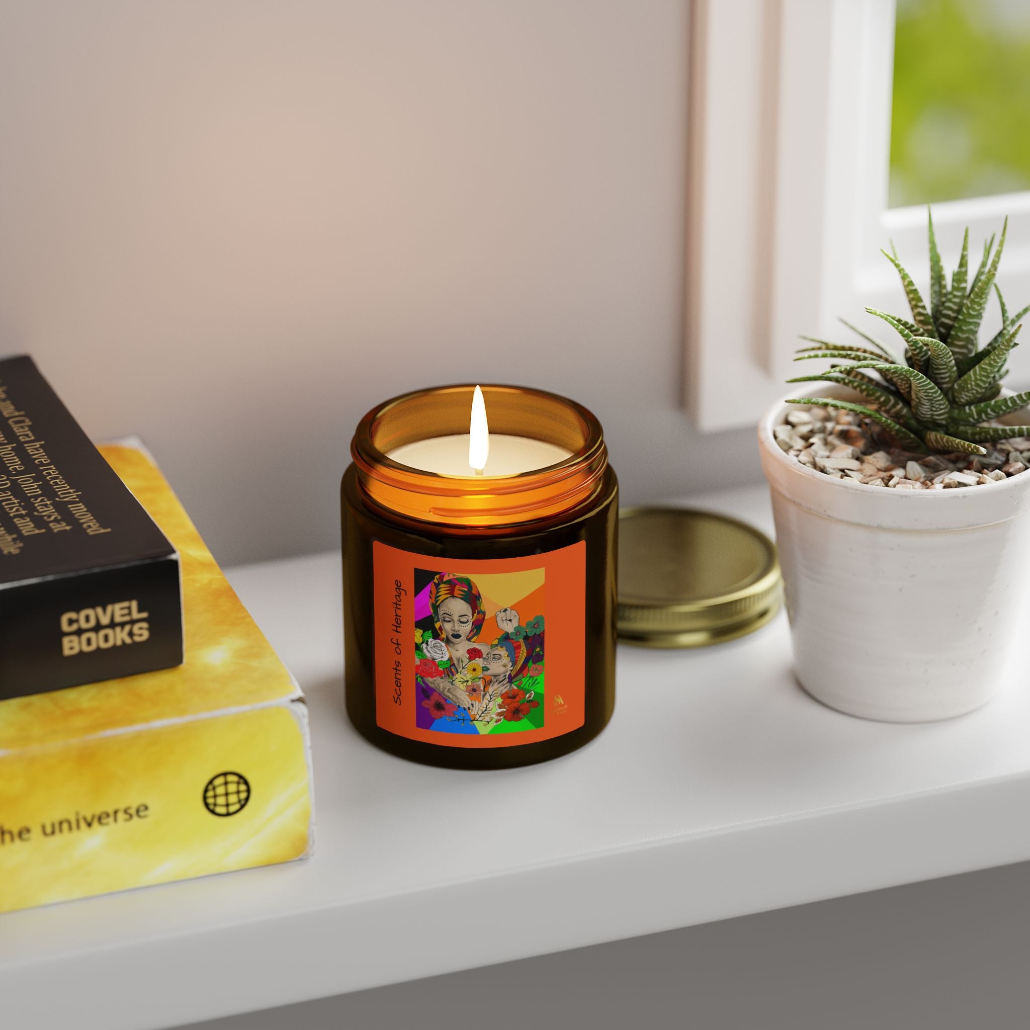 SS-AfroArt Coconut Apricot Soy Candle — 4oz/9oz Amber Jar with Vibrant Frida Art Label