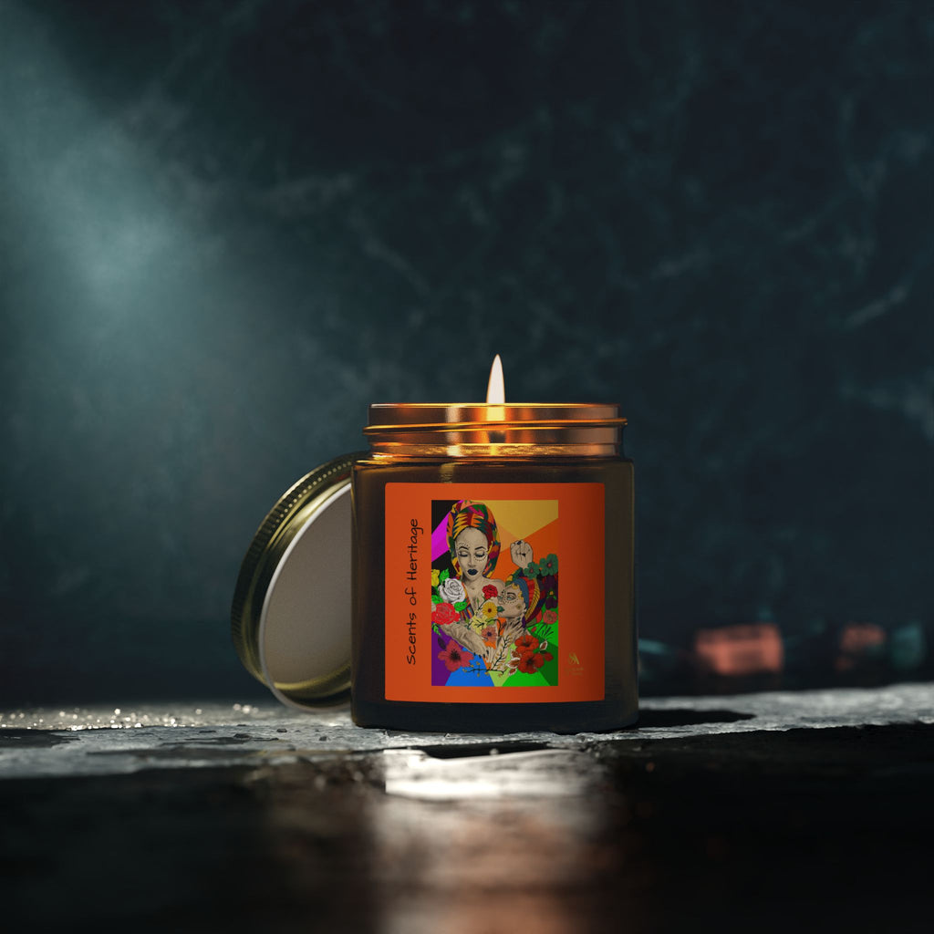 SS-AfroArt Coconut Apricot Soy Candle — 4oz/9oz Amber Jar with Vibrant Frida Art Label
