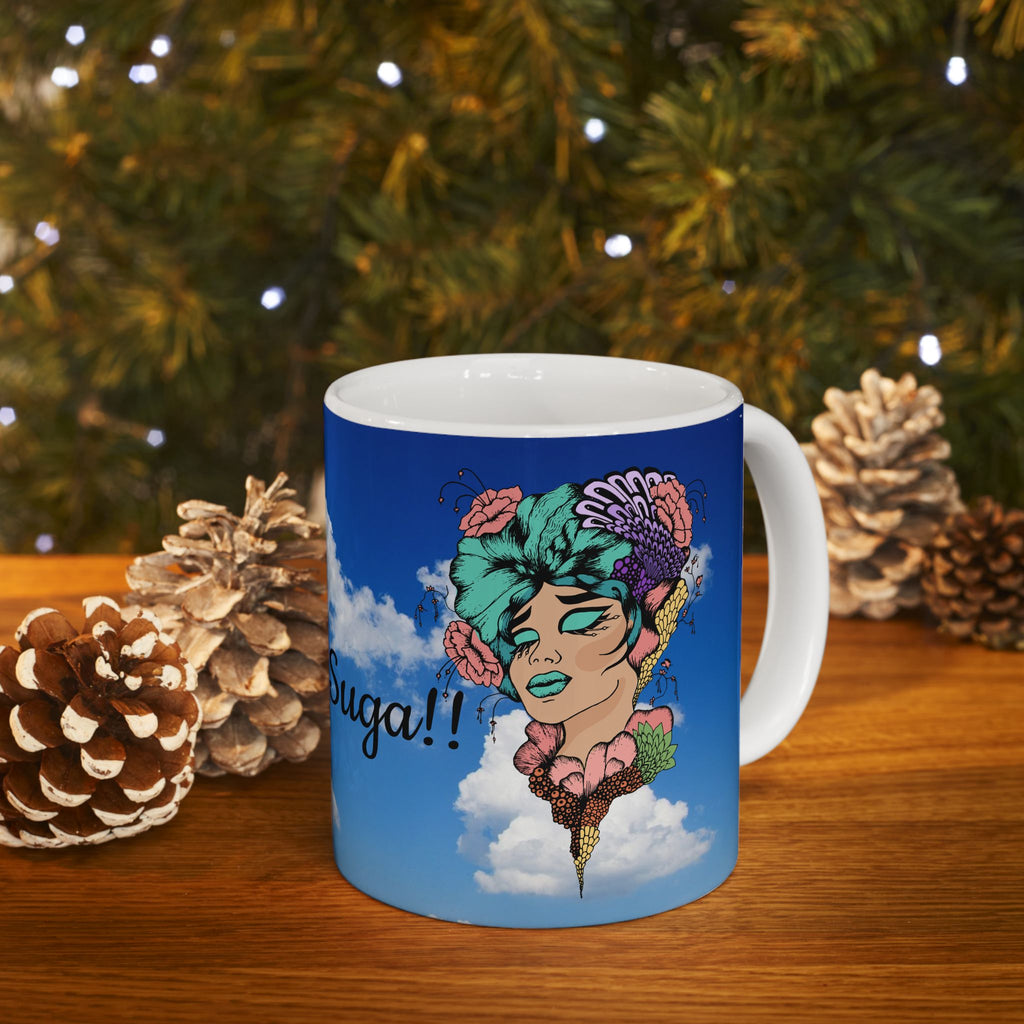 Ceramic Mug — "Good Morning, Suga!!" Sky & Floral Coffee Cup