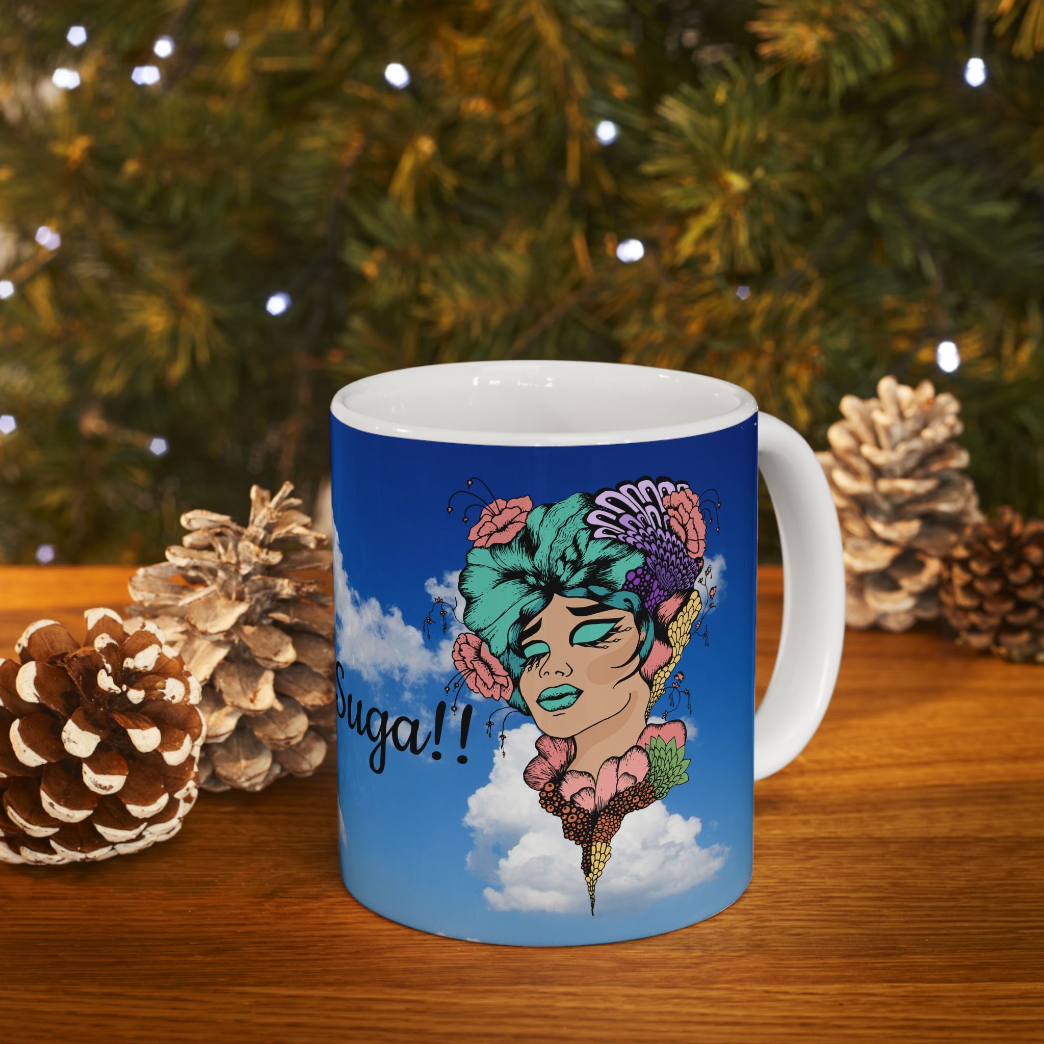 Ceramic Mug — "Good Morning, Suga!!" Sky & Floral Coffee Cup