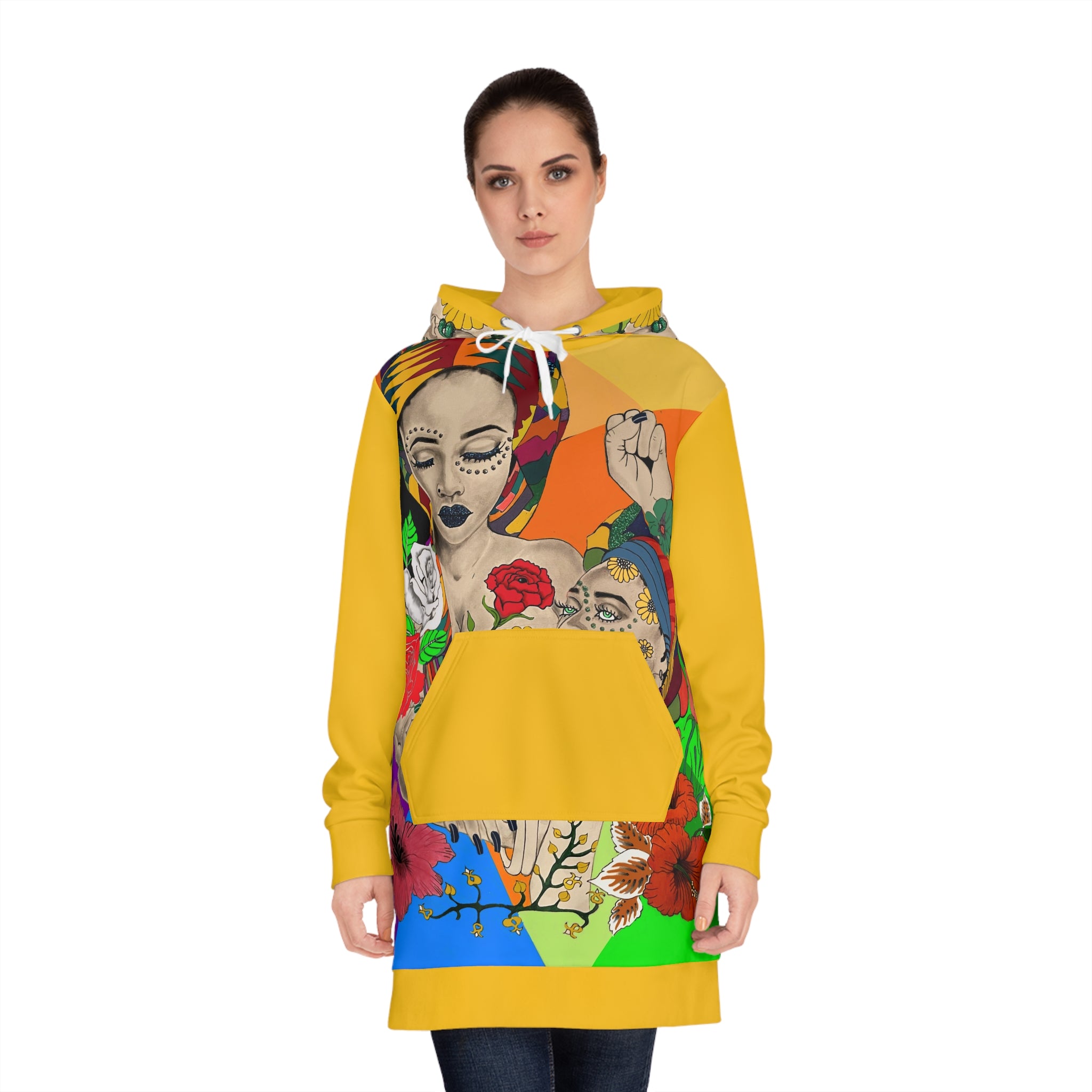 Afrocentric Headwrap Portrait Hoodie Dress | Vibrant Floral, Colorful Pop Art