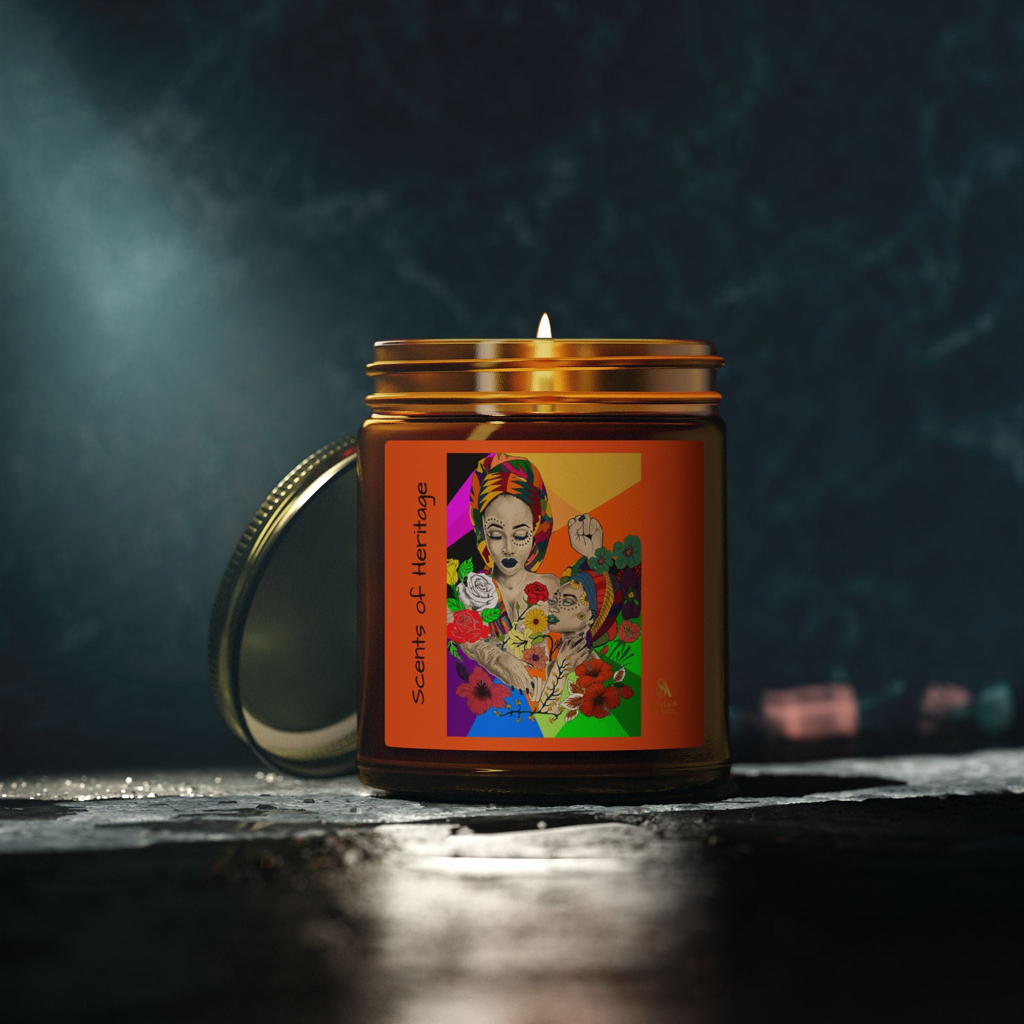 SS-AfroArt Coconut Apricot Soy Candle — 4oz/9oz Amber Jar with Vibrant Frida Art Label