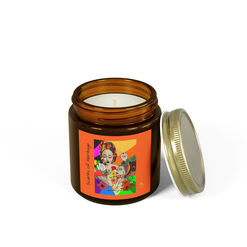 SS-AfroArt Coconut Apricot Soy Candle — 4oz/9oz Amber Jar with Vibrant Frida Art Label