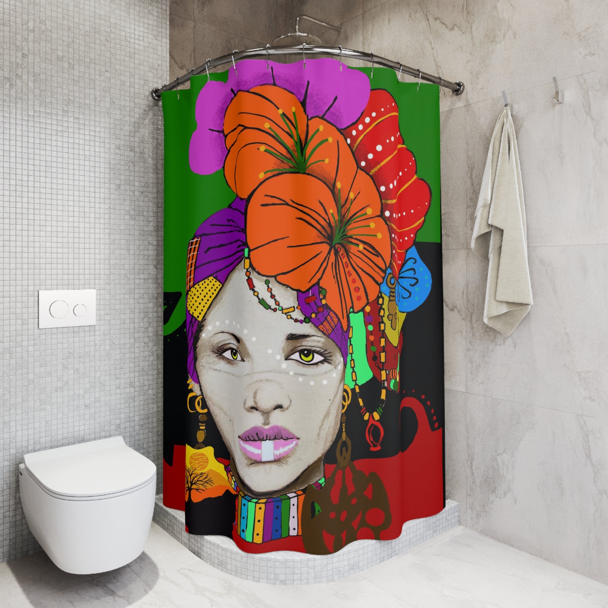 Bohemian Afrocentric Floral Portrait Shower Curtain