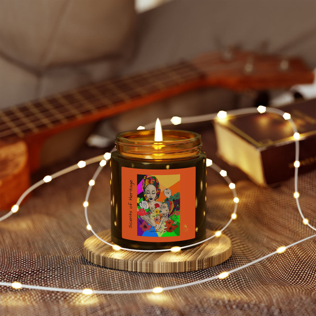 SS-AfroArt Coconut Apricot Soy Candle — 4oz/9oz Amber Jar with Vibrant Frida Art Label