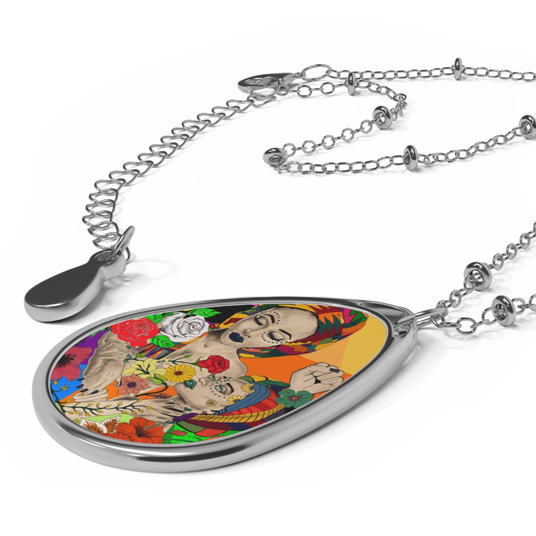 Floral Muse Oval Necklace — Colorful Portrait Teardrop Pendant