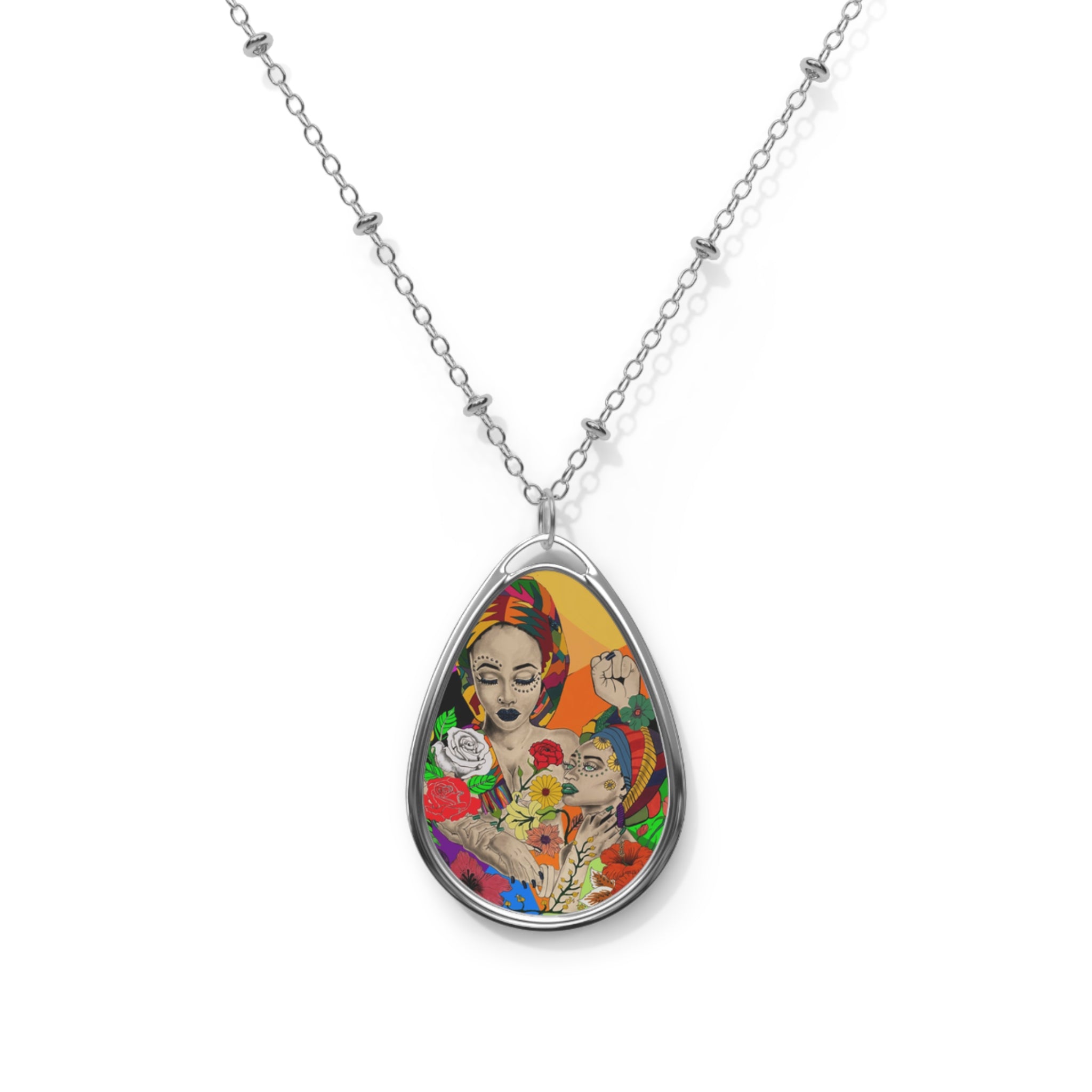 Floral Muse Oval Necklace — Colorful Portrait Teardrop Pendant
