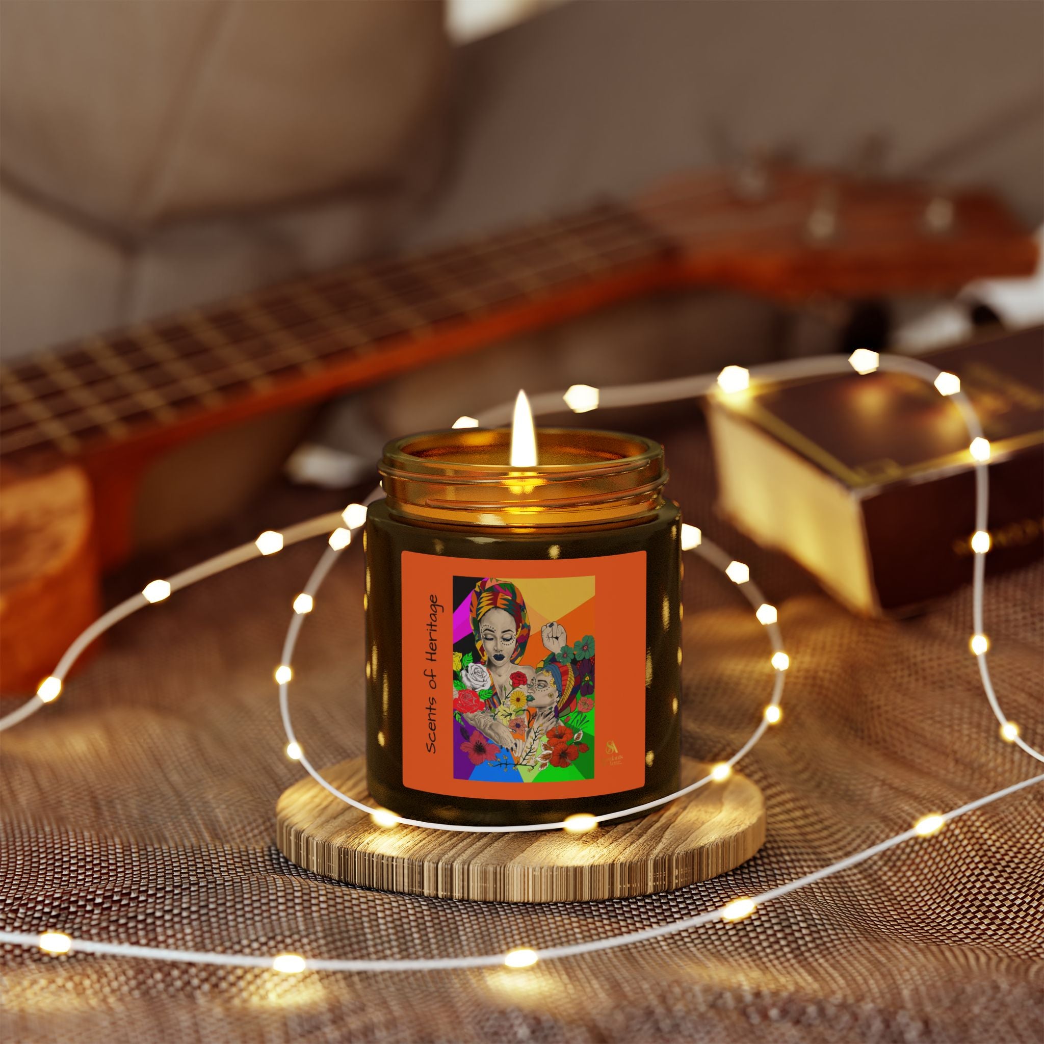 SS-AfroArt Coconut Apricot Soy Candle — 4oz/9oz Amber Jar with Vibrant Frida Art Label